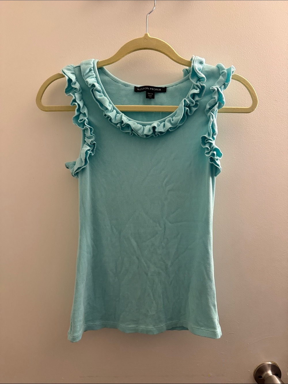 Boston Proper Aqua Ruffle-Trim Ribbed Sleeveless Tank